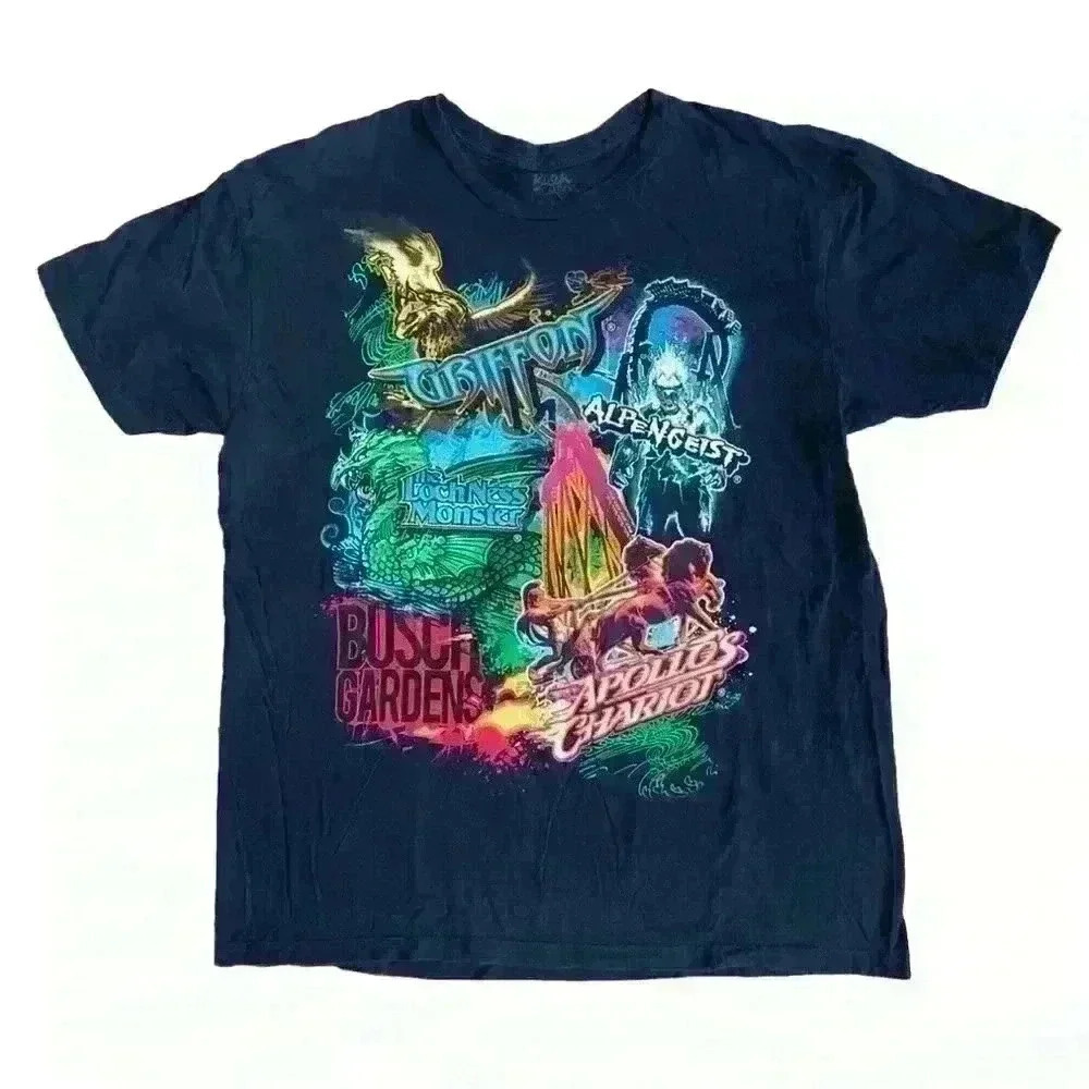 Busch Gardens Authentic Rare Theme Park Rides Y2K Colorful Graphic Tee Shirt L